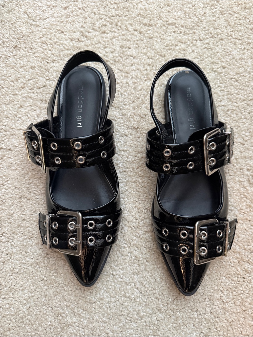 Madden Girl Black Patent Buckle Pointed Mules